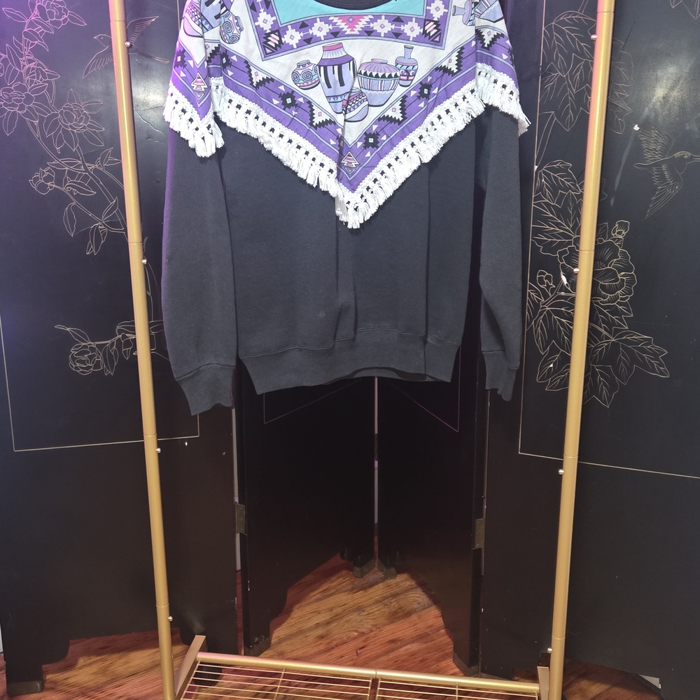 Vintage Black Sweatshirt with Purple & Teal Fringe Bandana Overlay